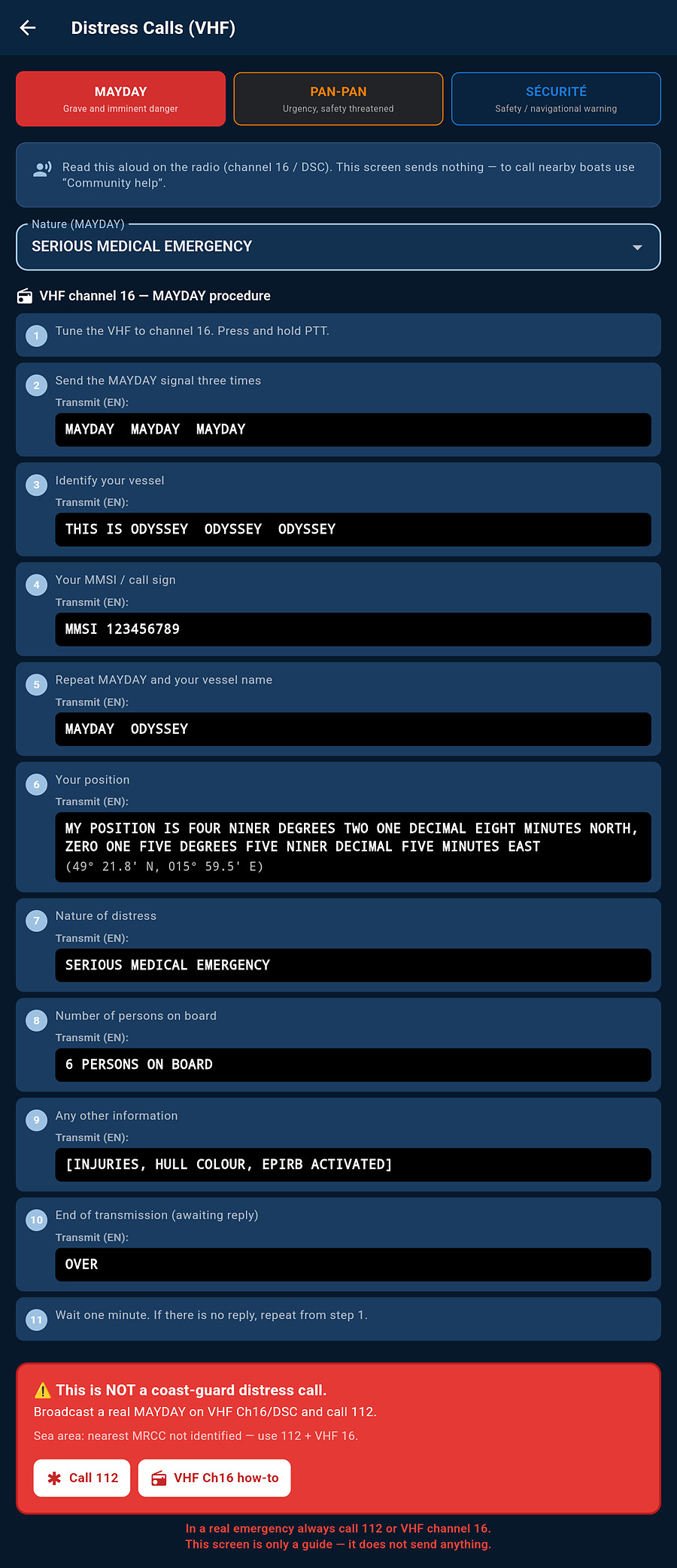 The Distress Calls screen in the app: the full MAYDAY procedure in eleven steps — tune channel 16, identify the vessel, MMSI, position, nature of distress, persons on board, end of transmission.